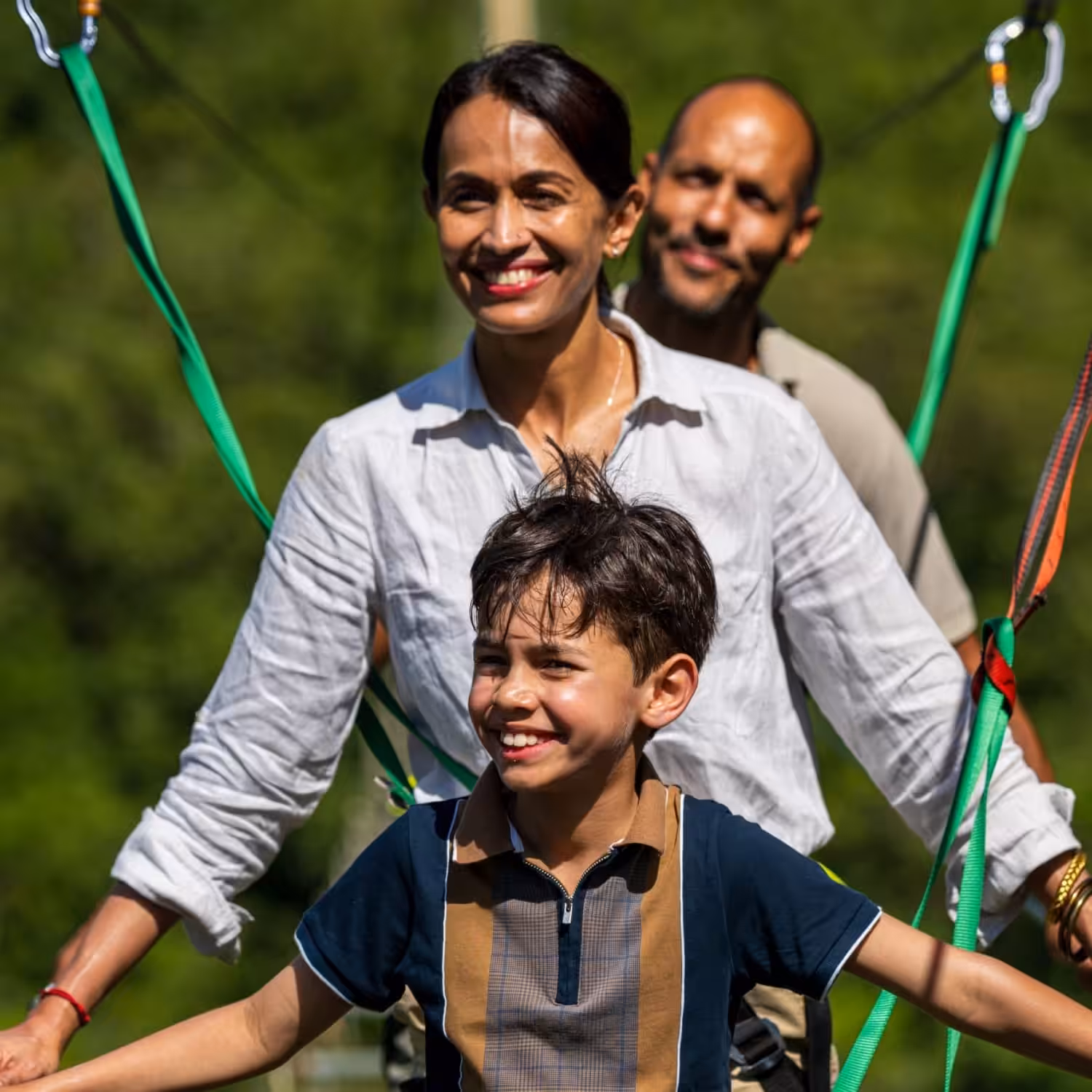 Family trying nepalese bridge in Mauritius at Vallé